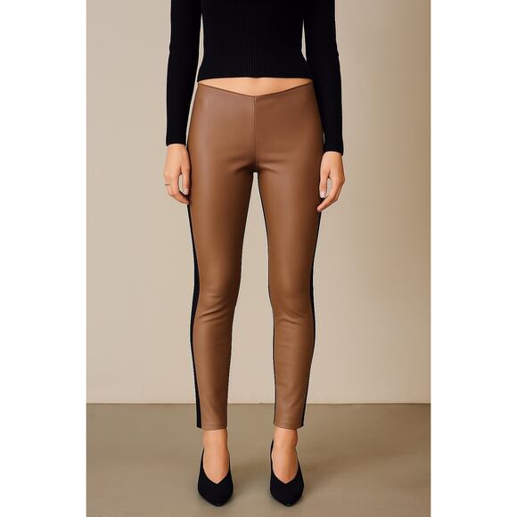 Vintage Neiman Marcus Camel Leather Front Pants Stretchy Low Rise Large Leggings - Picture 1 of 8